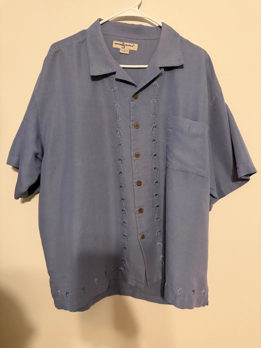 Hook & Tackle Light Blue Embroidered Swordfish Fishing Camp Shirt Men's XL